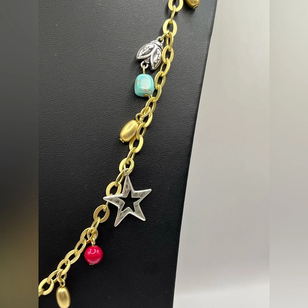 Charm Necklace Bee Heart Star Butterfly Gold Tone with Colorful Beads  Long